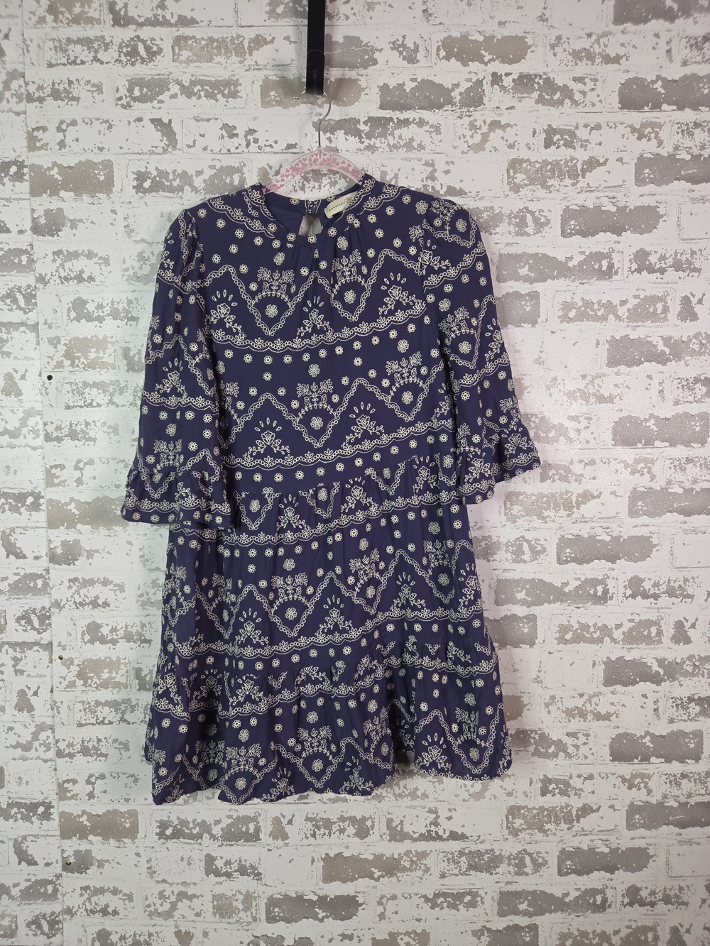 Navy Blue Boho Embroidered Tiered Mini Dress Size L